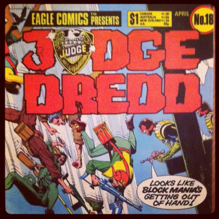 Brian Bolland cover from US edition of 2000AD's Judge Dredd story 'Block Mania'